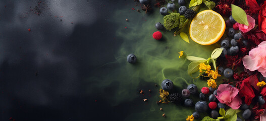 Obraz na płótnie Canvas Fruit tea with copy space, banner, dark background.