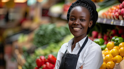 portrait of a smiling supermarket worker standing Infront of vegetables and fruits 