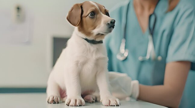 A cute little puppy is being checked by a veterinarian