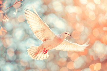 Fototapeta premium White dove in flight with abstract background