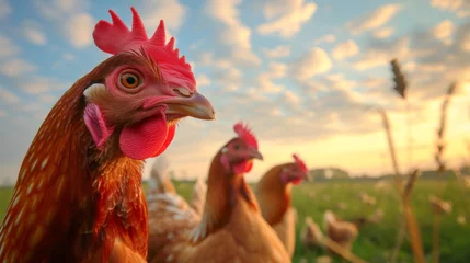 Fotobehang Close-up of a with a prominent red comb and wattles, standing in a sunlit outdoor setting, with other chickens blurred in the background. © PiBu Stock