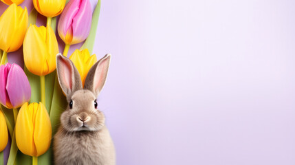 Rufus Bunny rabbit with colorful tulips for Easter and spring, light background, copy space