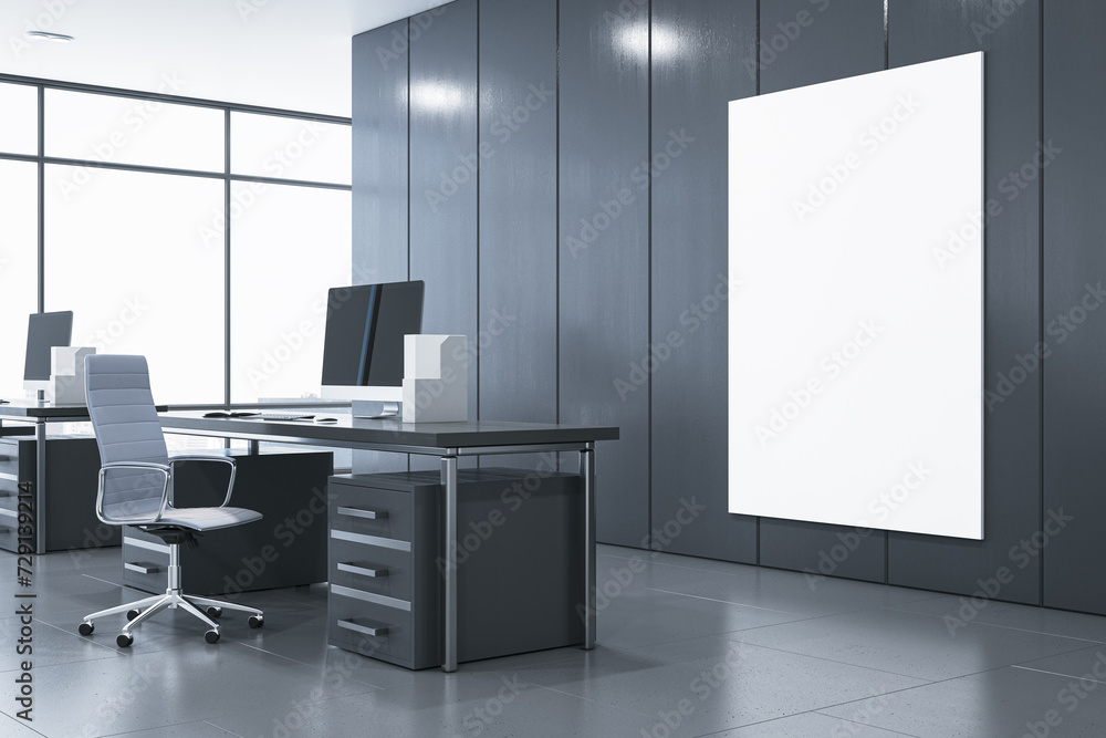 Poster side view of modern gray office interior with empty white mock up banner, furniture, equipment and w
