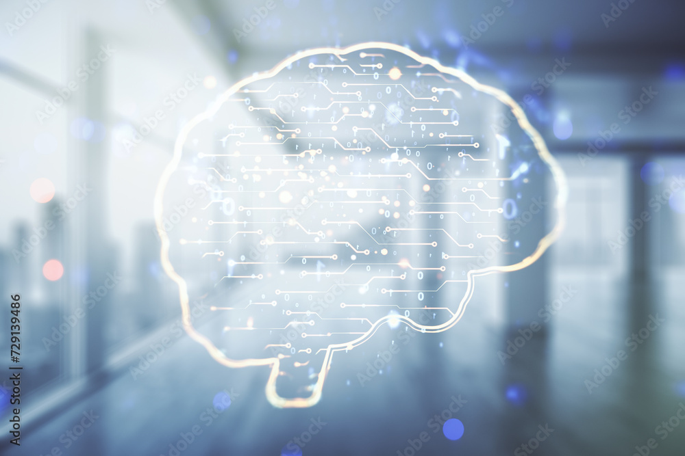 Poster double exposure of creative artificial intelligence interface on empty modern office background. neu