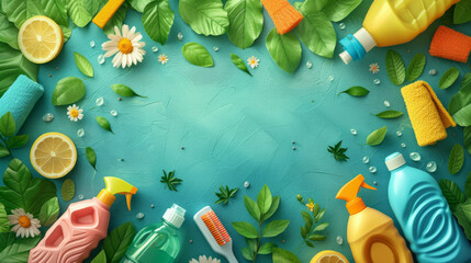 Obrazy na Plexi  Spring Cleaning concept background with an image of colorful detergent bottles and brushes surrounded by green spring season leaves and copy space