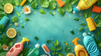 Spring Cleaning concept background with an image of colorful detergent bottles and brushes surrounded by green spring season leaves and copy space