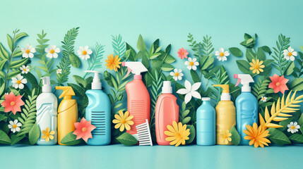 Spring Cleaning concept background with an image of colorful detergent bottles and brushes surrounded by green spring season leaves - obrazy, fototapety, plakaty