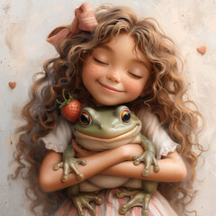Cute girl with curly hair with a shiny bow, in a menthol T-shirt with strawberries, skirt with pockets, striped tights and shoes with clasps, hugging a big Cute Frogs