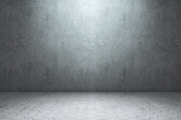 Empty concrete interior with mock up place on wall. Gallery and exhibition hall concept. 3D Rendering.