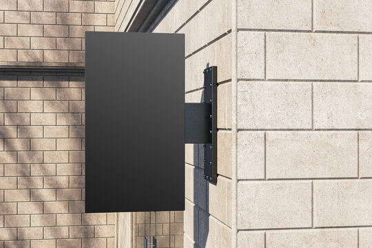 Empty black rectangular mock up stopper on beige outdoor tile wall background with shadows. Advertisement and pub concept. 3D Rendering.