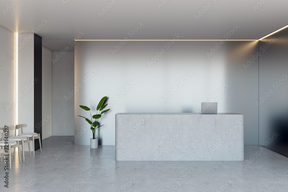 Aufkleber Minimalist reception desk in a well lit office space with subtle shadows. Modern design. 3D Rendering