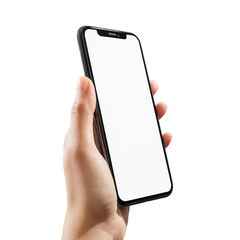 Hand holding smartphone with blank screen, mockup for application on mobile, modern design.