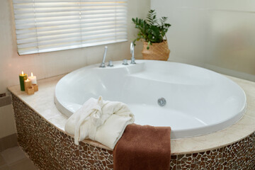 Corner of modern spacious bathroom with white porcelain bathtub, green domestic plant in flowerpot,...