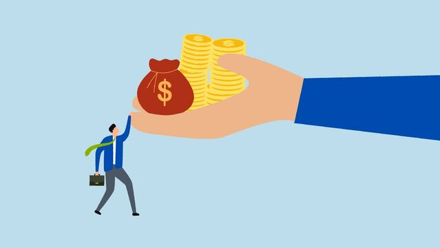 High risk high return, 4k animation of finance manager financial backer holding large hand tight with cash coins.