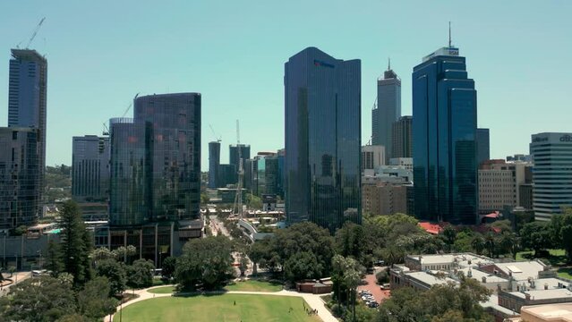 Aerial Rising Shot over Perth City Downtown Skyscrapers, Australia