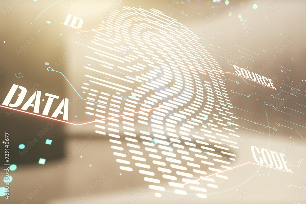 Poster double exposure of virtual creative fingerprint hologram on empty modern office background, research