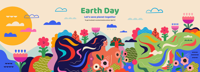 Earth Day illustration. Concept template for holiday Earth day. Landscape with trees, flowers and rivers.