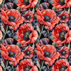 Seamless patterns watercolor painting of vintage poppy flower. Designed for fabric and wallpaper. High-resolution.no.03