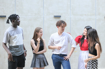 Fototapeta premium Group of young multiethnic friend having fun and laughing outdoors on beautiful summer day