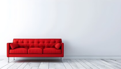 Interior design of red couch on a white wall with copy space