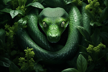 A green snake intertwined with vibrant green vines, symbolizing the interconnectedness of nature