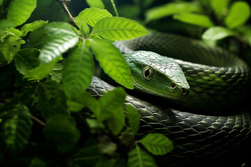 A green snake gracefully climbs a tree, its body twining around branches and leaves