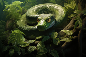 A green snake coiled around a tree trunk, with leaves and vines intertwining with its body, Forest setting with sunlight filtering through the leaves - obrazy, fototapety, plakaty