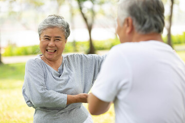 asian senior couple workout and practice tai chi in the park - obrazy, fototapety, plakaty