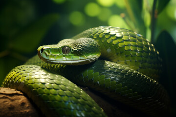 Fototapeta premium A majestic green snake coiled around a tree branch, with scales gleaming in the dappled sunlight, Lush forest background with foliage