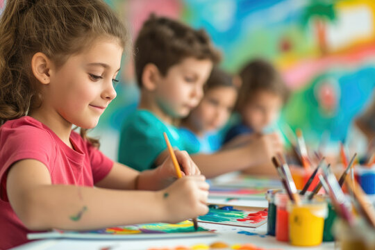 A diverse group of children in an art class joyfully painting pictures. Happy school kids engaging in a creative project within the classroom
