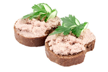 Bread with homemade chicken pate, isolated on white background.