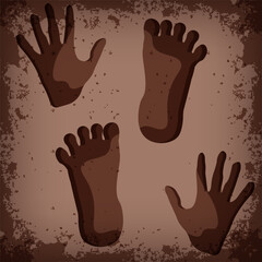 Obraz premium Grunge art with Neanderthal footprint and handprint. Leg and hand trace on old stone. Vector illustration. EPS 10 