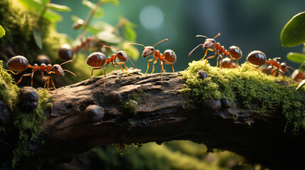 Ants diligently traversing a tree branch