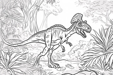 Dilophosaurus Dinosaur Black White Linear Doodles Line Art Coloring Page, Kids Coloring Book