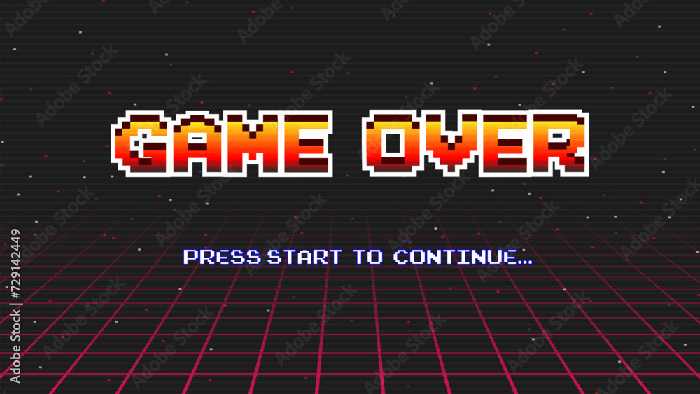 Poster game over press start to continue .pixel art .8 bit game.retro game. for game assets in vector illus