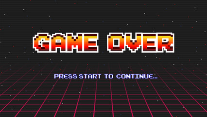 GAME OVER PRESS START TO CONTINUE .pixel art .8 bit game.retro game. for game assets in vector illustrations.Retro Futurism Sci-Fi Background. glowing neon grid.and stars from vintage arcade comp	