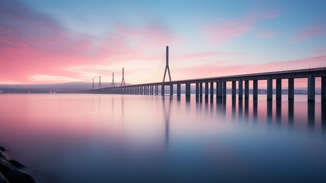 Beautiful long bridge over river sunset view picture ultra HD wallpaper image
