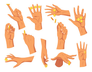 Hand with coins. Money donation, charity or investment. Coins or cash in hands, isolated set of palm. Colorful flat vector illustration with isolated on white