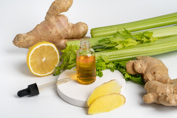 Lemon and celery oil extract lotion for body and face care. Health beauty treatment and care concept