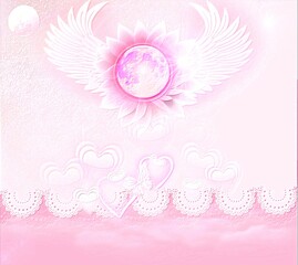 pink background with flowers, hearts, butterfly, valentine's day, wings, moon 