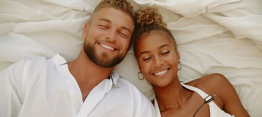 Contented multiracial couple in 20s sleeping on white bed with text space, exuding happiness