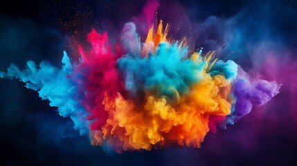 Obraz na płótnie Canvas Colored powder explosion. Abstract closeup dust on backdrop. Colorful explode. Paint holi 