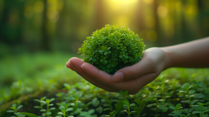 Naklejka na ściany i meble Human hands cradling a ball of moss and young plants, illuminated by soft sunlight in a lush forest, symbolizing environmental care and Green Energy