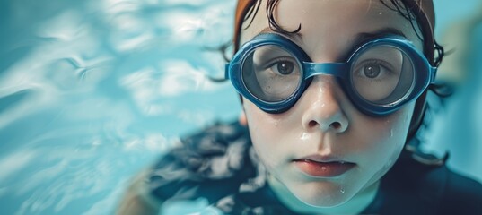 Close up of boy child swimmer in swimming pool with copy space for text placement - obrazy, fototapety, plakaty