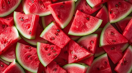 Top view of juicy and fresh sliced watermelon wedges in close up macro photography