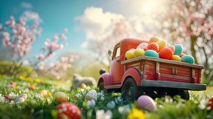 Vintage truck full of colorful Easter eggs on a meadow with grass and spring flowers. Concept of logistics, cargo and shipping.