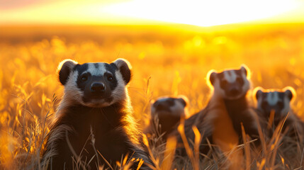 Obraz premium Honey badgers in the savanna in the evening with setting sun shining. Group of wild animals in nature.