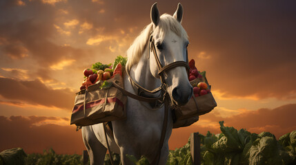 Pack horse carrying vegetables in a field with sunset. Concept of food transportation, logistics and cargo.