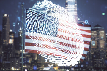 Multi exposure of virtual graphic fingerprint sketch on US flag and skyline background, fingerprint...
