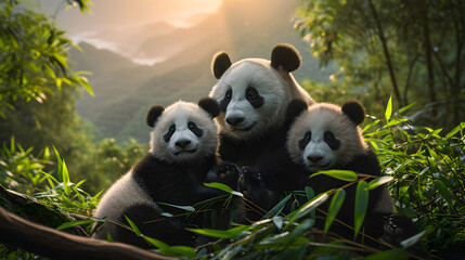Obraz premium Panda bear family at the rain forest with setting sun shining. Group of wild animals in nature.